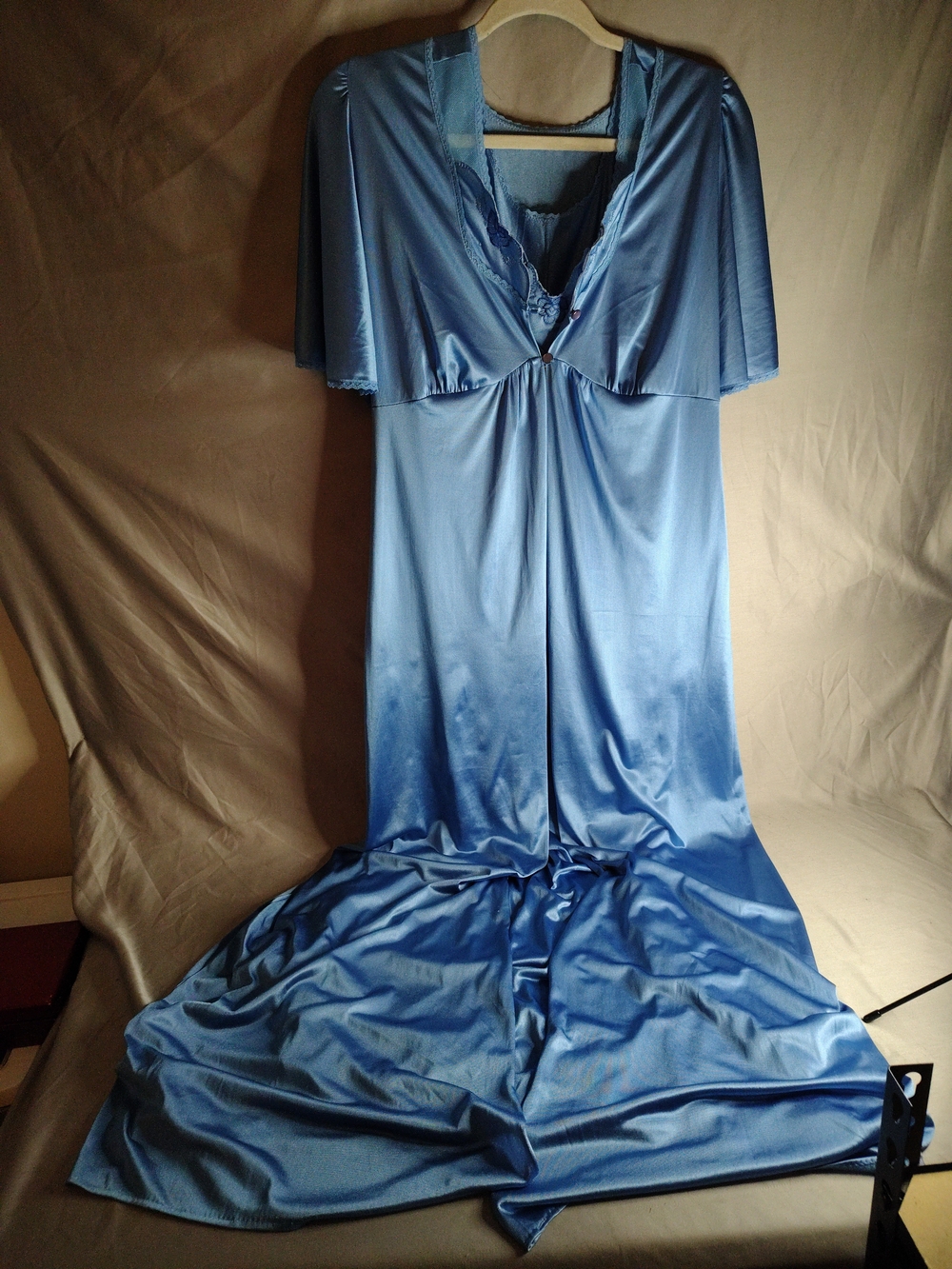 Vintage Slate Blue Satin Peignoir Set ๐ 2-Piece Nightgown & Robe Maxi Gown